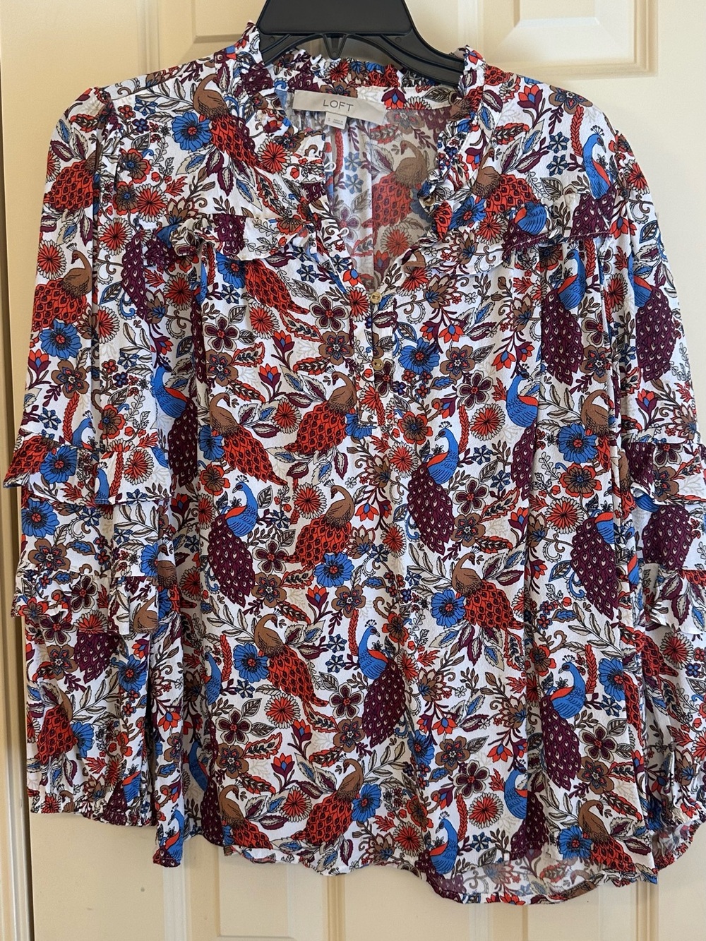 LOFT White Blouse with Red, Blue and Brown Floral Bird Print